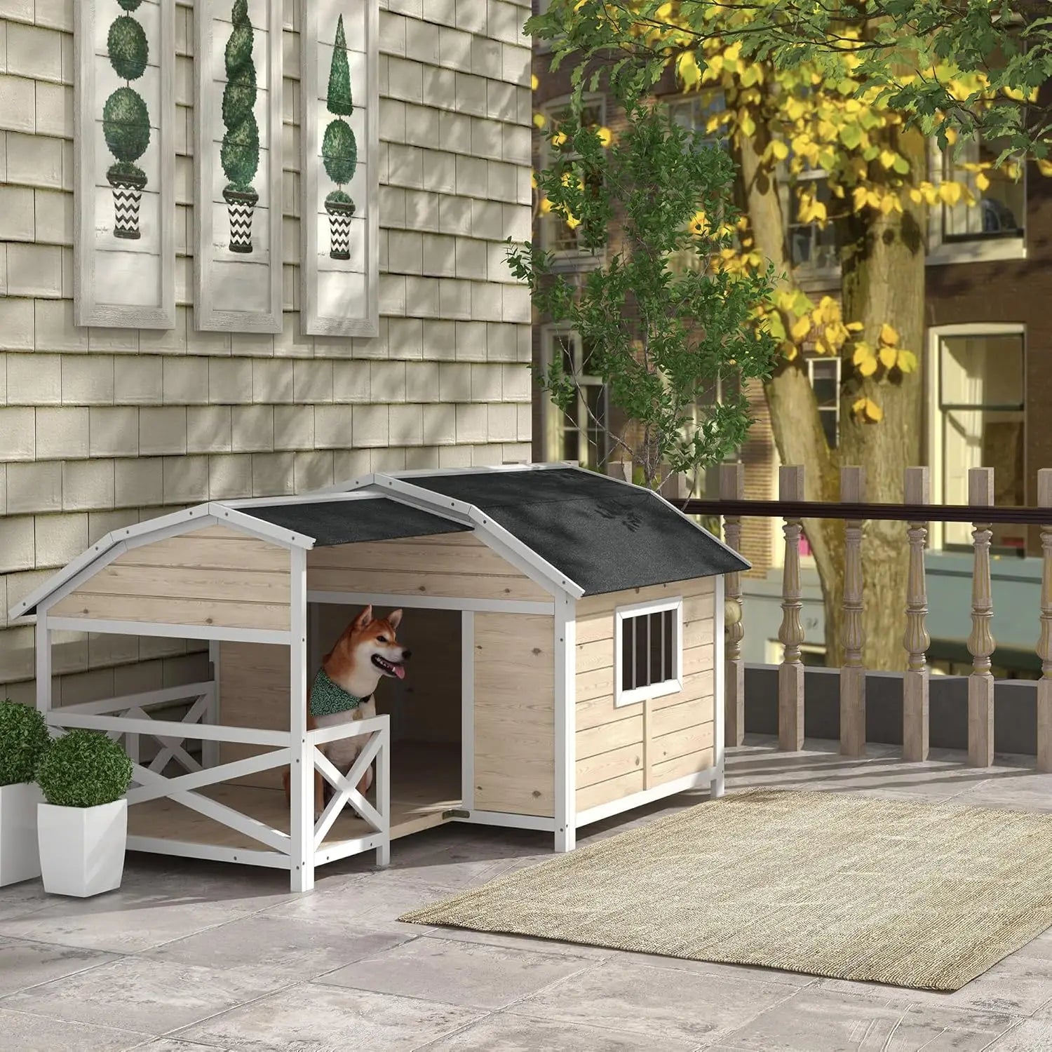 Wooden Dog House Outdoor with Porch, Raised Pet Kennel for Medium Large Dogs, with Asphalt Roof, Front Door, Side Windows - Premium  from Lizard Vigilante - Just $473.99! Shop now at Lizard Vigilante