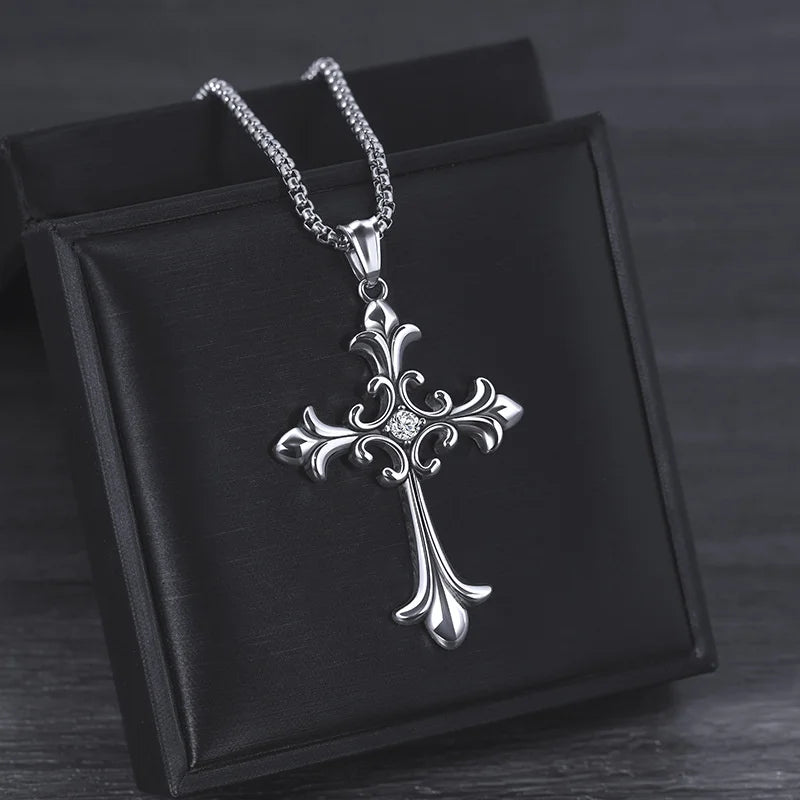 Gothic Style Retro Rhinestone Cross Stainless Steel Pendant ins Hip-Hop Men's Fashion Personality Versatile Necklace Accessories - Premium  from Lizard Vigilante - Just $4.99! Shop now at Lizard Vigilante