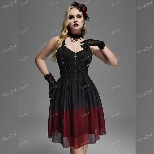 ROSEGAL Plus Size Gothic Mesh Lace-Up Cross Zipper Dress – Elegant Ombre Ruched Layered Knee-Length Vestido for Women - Premium dress from Lizard Vigilante - Just $66.66! Shop now at Lizard Vigilante