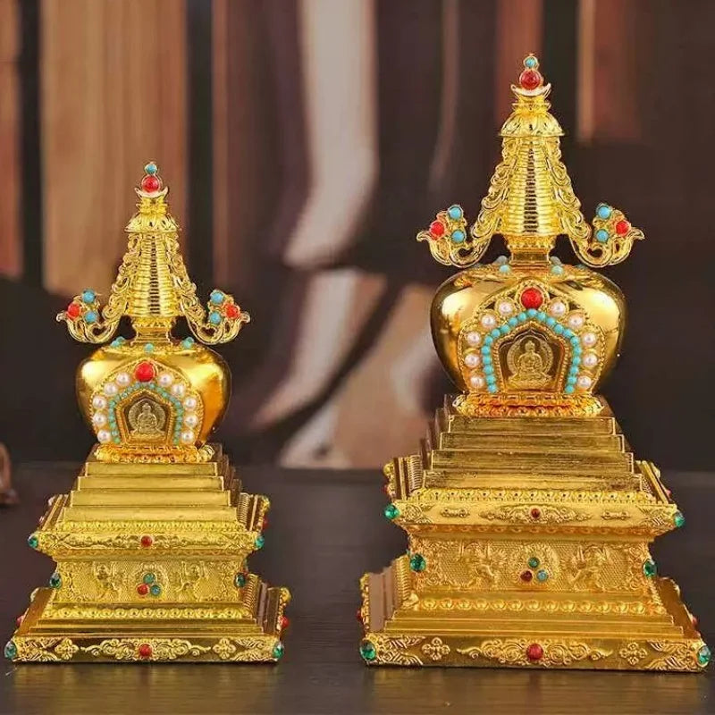 Buddha Statue Pagoda,Engraving Inlaid Gem Tibetan Alloy Double-Layer Tower,Altars Stupa,Buddhist Item Religious Decorative