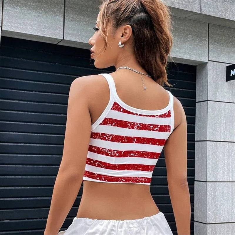 Gothic Punk New 2024 USA Flag Crop Top Sexy Backless Tank Slim Women's Mini Vest Summer Y2k Clothes Short White Camisole E-girls - Premium  from Lizard Vigilante - Just $16.99! Shop now at Lizard Vigilante