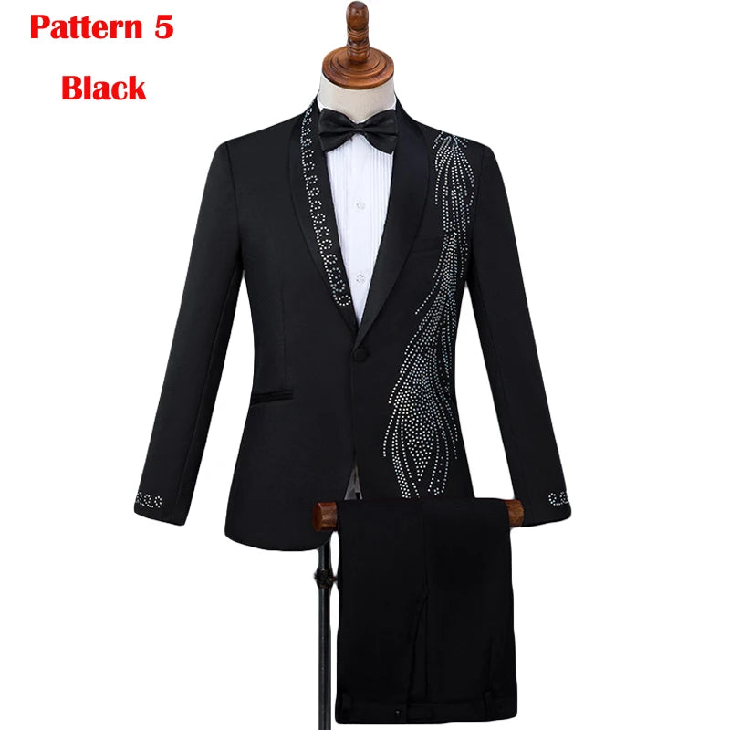 Mens Suits With Pants White Sparkly Crystals Embroidery Wedding Groom Tuxedo Suit Men Stand Collar Stage Costume Homme Mariage - Premium  from Lizard Vigilante - Just $88.88! Shop now at Lizard Vigilante