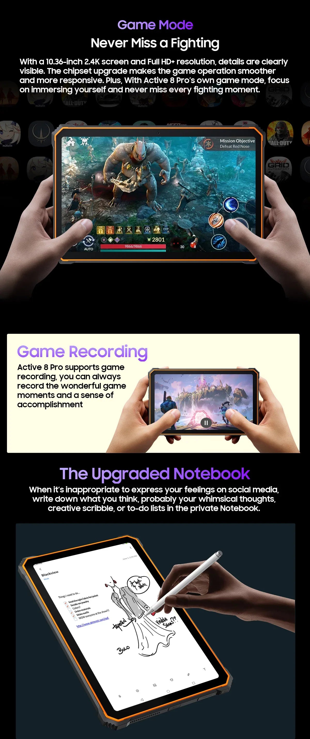 Blackview Active 8 Pro 16GB 256GB Tablet PC 22000mAh Battery Android 13 10.36" inch 2.4K Display 16MP+ 48MP Camera Rugged Tablet