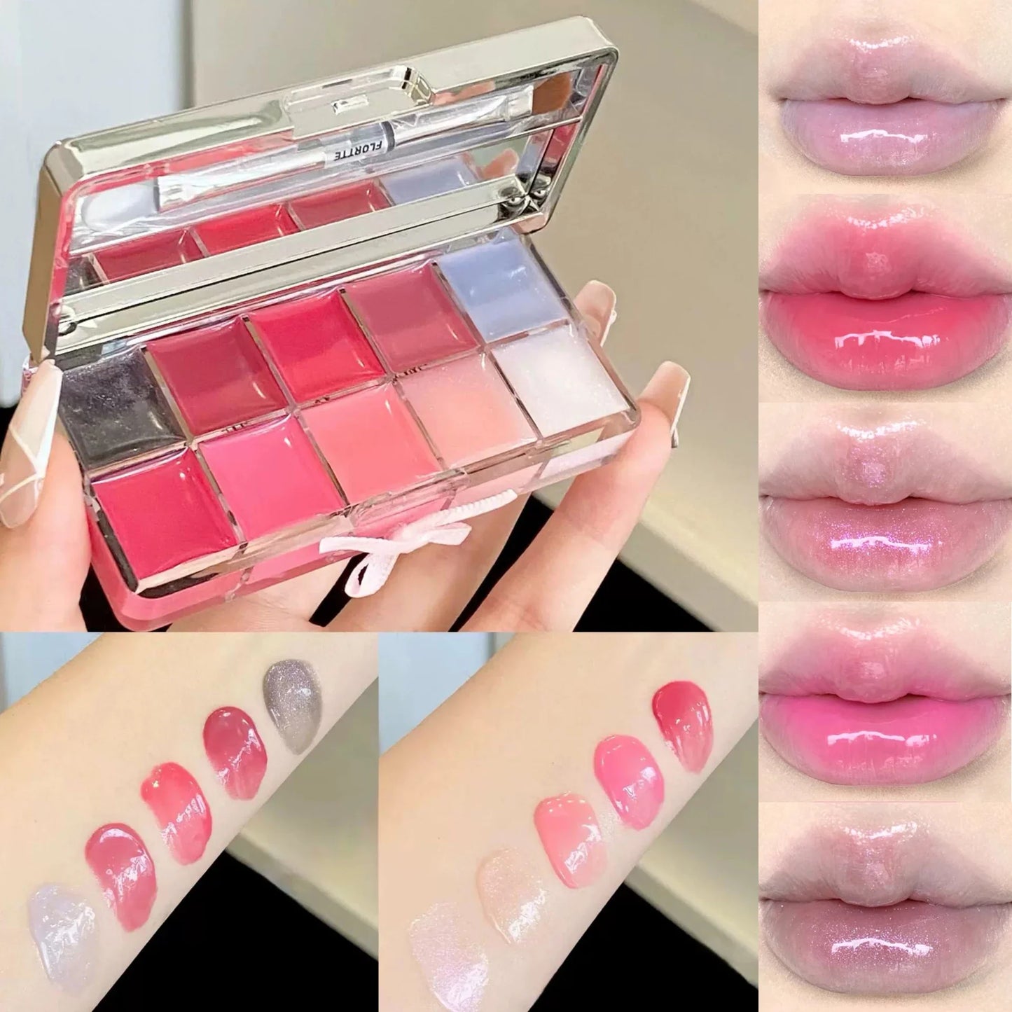 FLORTTE 10-Color Lip Palette Lip Gloss and Lipstick Glossy Moisturizing Pigmented Multifunctional Easy to Apply