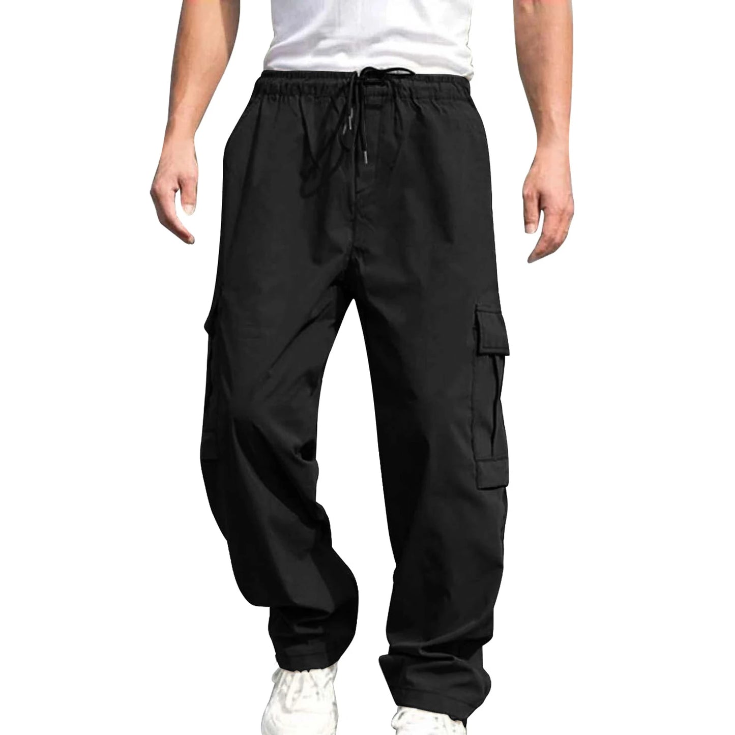 Men’s Loose Cargo Pants – Solid Color Drawstring Waist, Straight Leg Casual Work Trousers with Pockets - Premium cargo pants from Lizard Vigilante - Just $27.99! Shop now at Lizard Vigilante