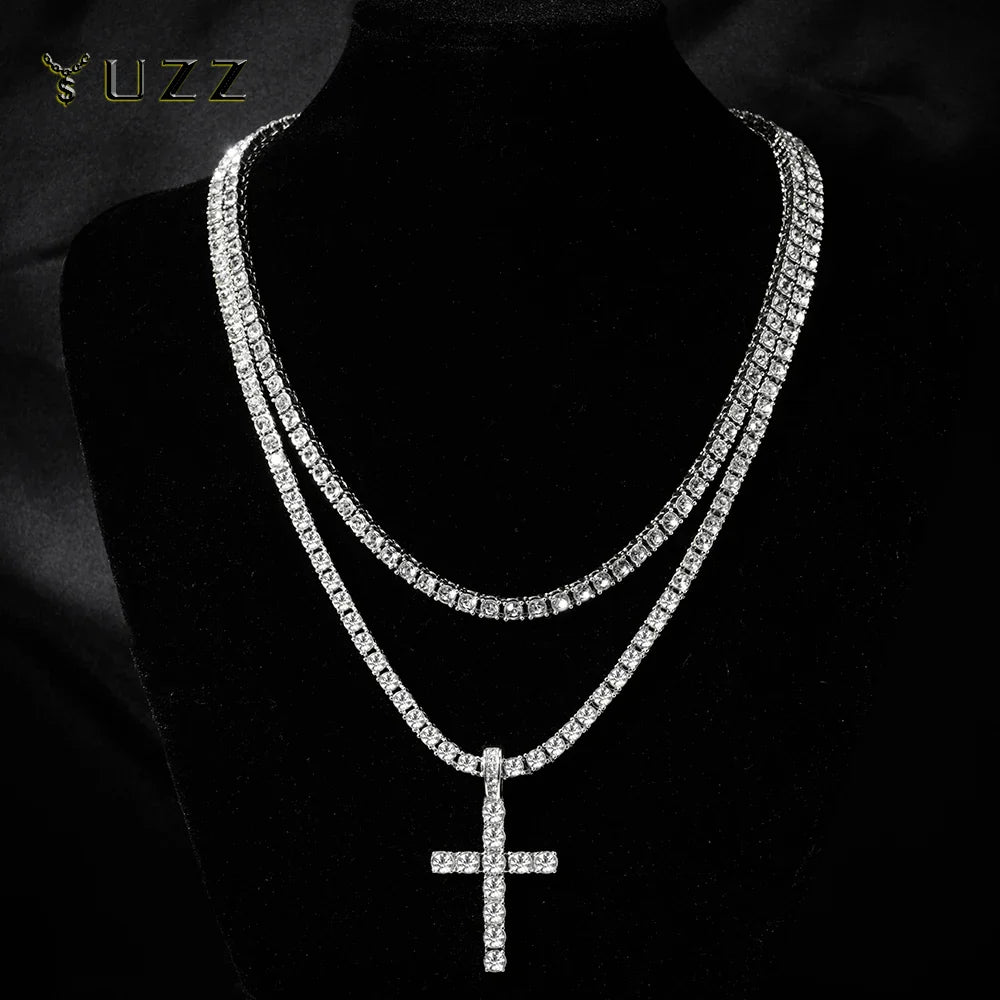 Hip Hop Cross Pendant Necklace Strap 4mm Zircon Tennis Chain Iced Out Sparkling Necklace Men Women Punk Jewelry Fashion Gift