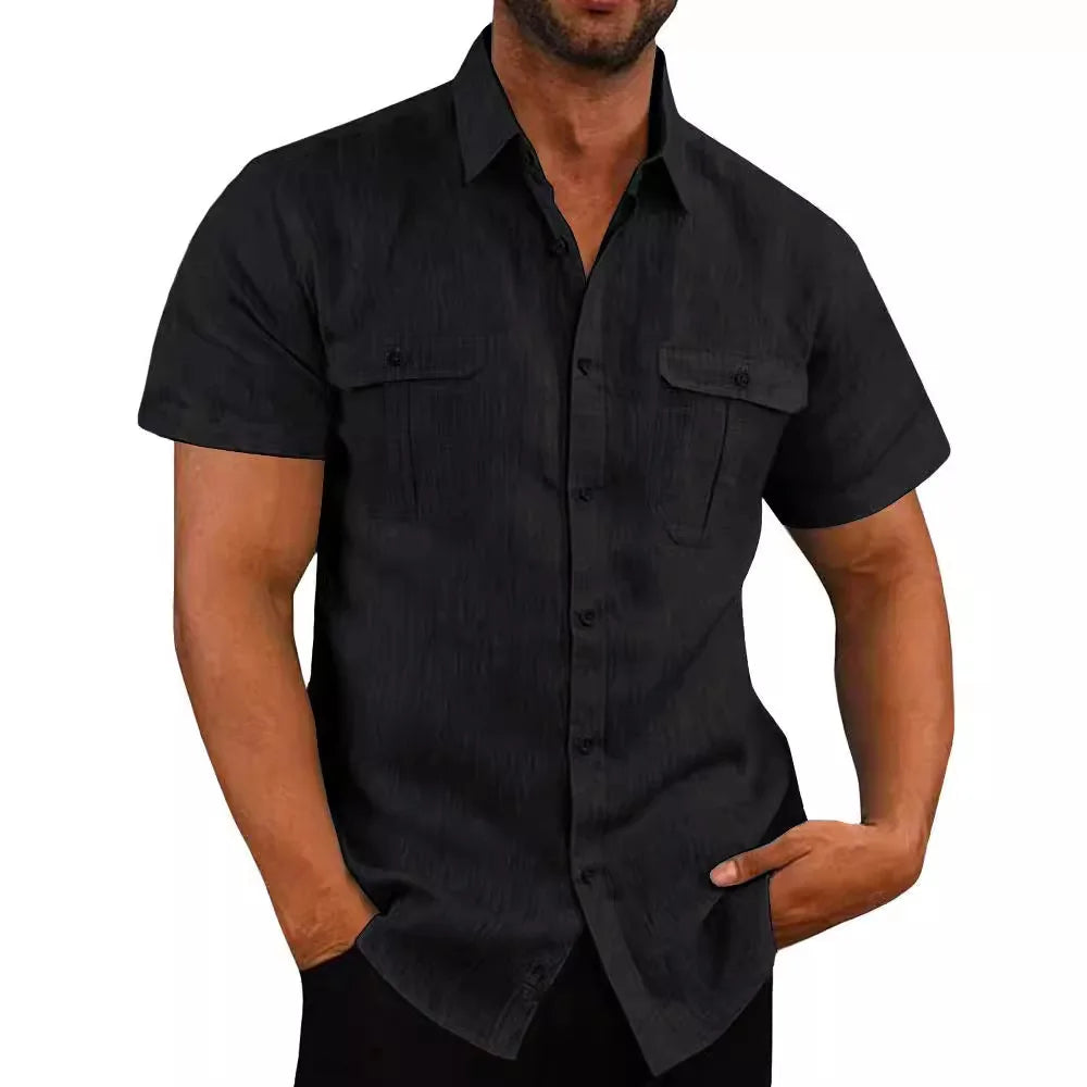 Men's Shirt Double Pocket Cotton Linen Short Sleeve Shirts for Men Casual Holiday Beach Shirt streetwear Solid Color Slim Fit - Premium  from Lizard Vigilante - Just $23.99! Shop now at Lizard Vigilante