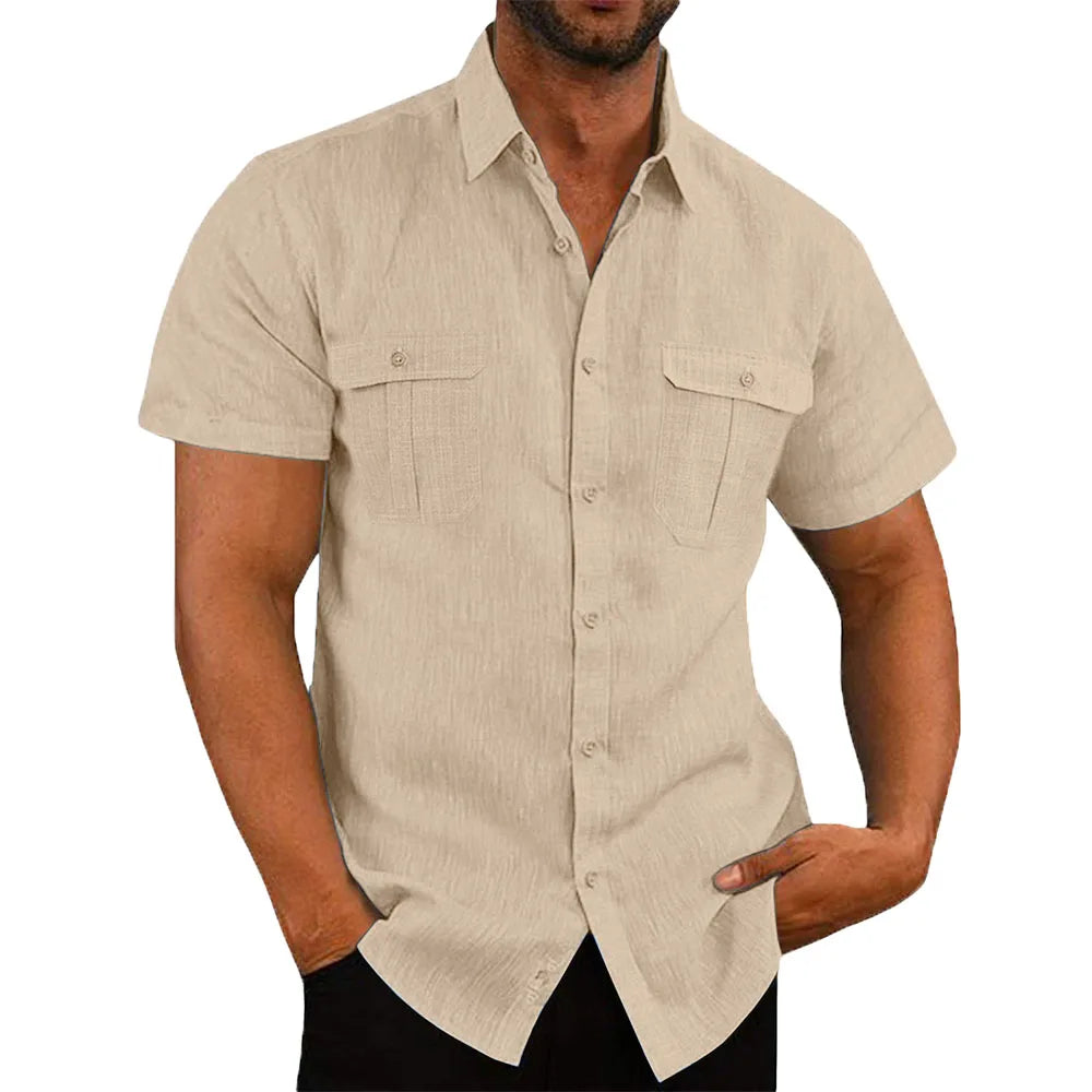 Men's Shirt Double Pocket Cotton Linen Short Sleeve Shirts for Men Casual Holiday Beach Shirt streetwear Solid Color Slim Fit - Premium  from Lizard Vigilante - Just $23.99! Shop now at Lizard Vigilante