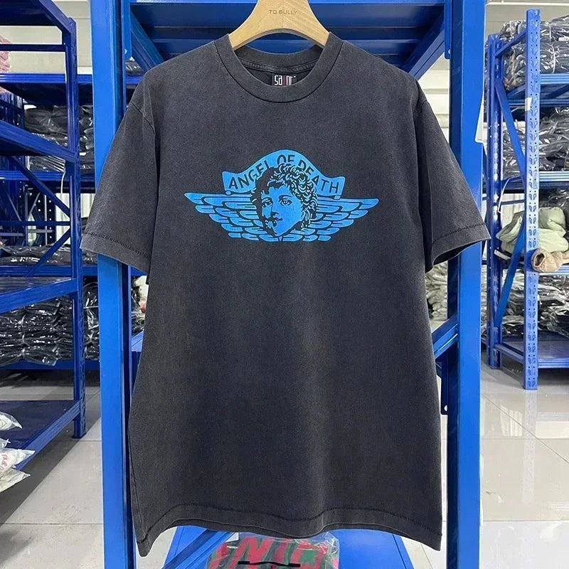 Men Women High Street Vintage Washed Black T-Shirt Top Quality Cototn TEE 3D Cracked Letters Logo Print Saint T Shirt With Tags - Premium  from Lizard Vigilante - Just $64.99! Shop now at Lizard Vigilante