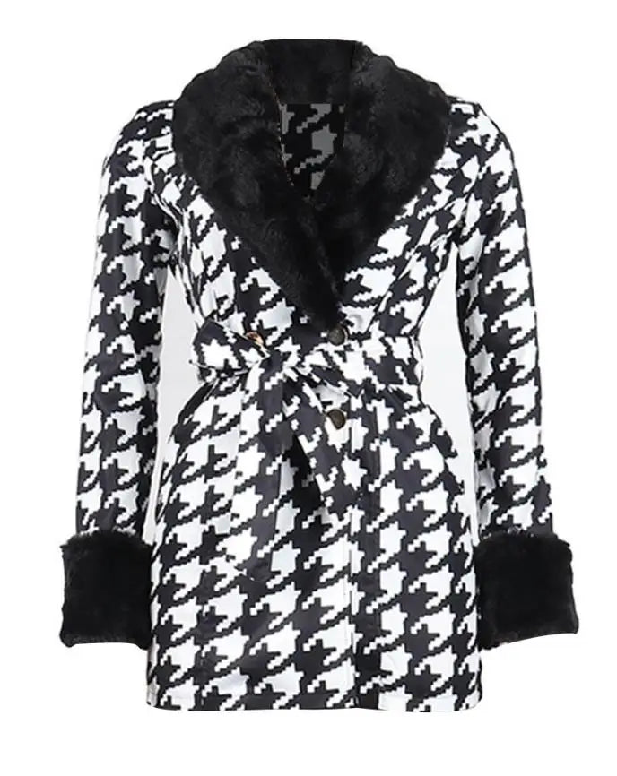 Winter Houndstooth Print Double Breasted Coat – Casual Fuzzy Trim Women's Jacket for Autumn/Winter - Premium coat from Lizard Vigilante - Just $48.88! Shop now at Lizard Vigilante