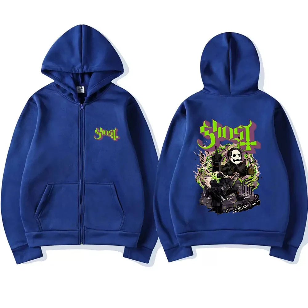 Ghost Band Oversized Zipper Hoodie – Men’s Gothic Rock Anime Graphic Sweatshirt - Premium zipper hoodie from Lizard Vigilante - Just $42.88! Shop now at Lizard Vigilante