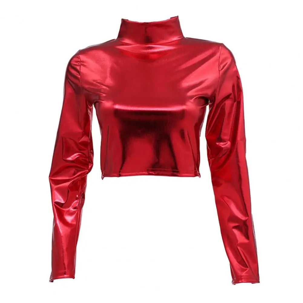 PU Short Top Women Shiny Leather Top Glossy Faux Leather Long Sleeve Skinny Pullover Elastic Nightclub Stage Show Party Crop Top - Premium  from Lizard Vigilante - Just $6.99! Shop now at Lizard Vigilante