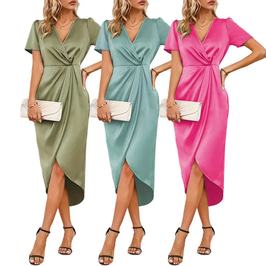 Elegant Satin Summer Dress 2024 Women V-Neck Dress Short Sleeve Satin Maxi Midi Dress Silk V Neck Evening Party Female for Prom - Premium  from Lizard Vigilante - Just $21.99! Shop now at Lizard Vigilante