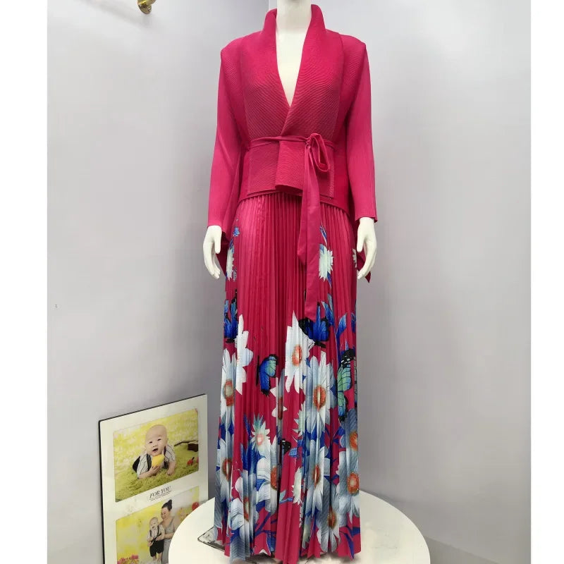 Miyake Pleated Women's Suit – Luxe Lace-Up Top with Printed Swing Skirt, Elegant 2-Piece Set for Sophisticated Summer Fashion - Premium dress from Lizard Vigilante - Just $84.99! Shop now at Lizard Vigilante