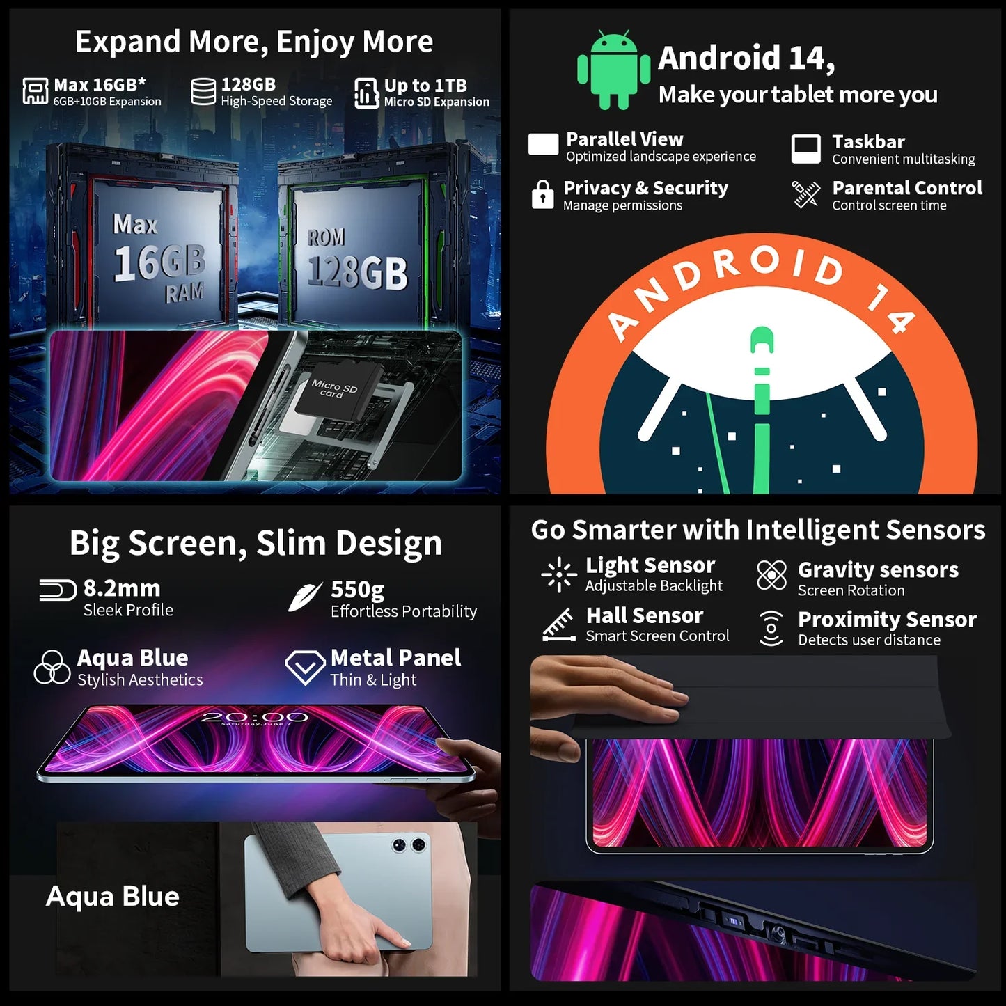 【New】Teclast T60 Plus 12 Inch Tddi 90Hz 2K Screen 2000X1200 Android 14 Widevine L1 Mtk Helio G88 (6Gb Ram+10Gb Expansion)16Gb/128Gb 8000Mah Battery 4g Lte Dual Sim Tf up to 1Tb