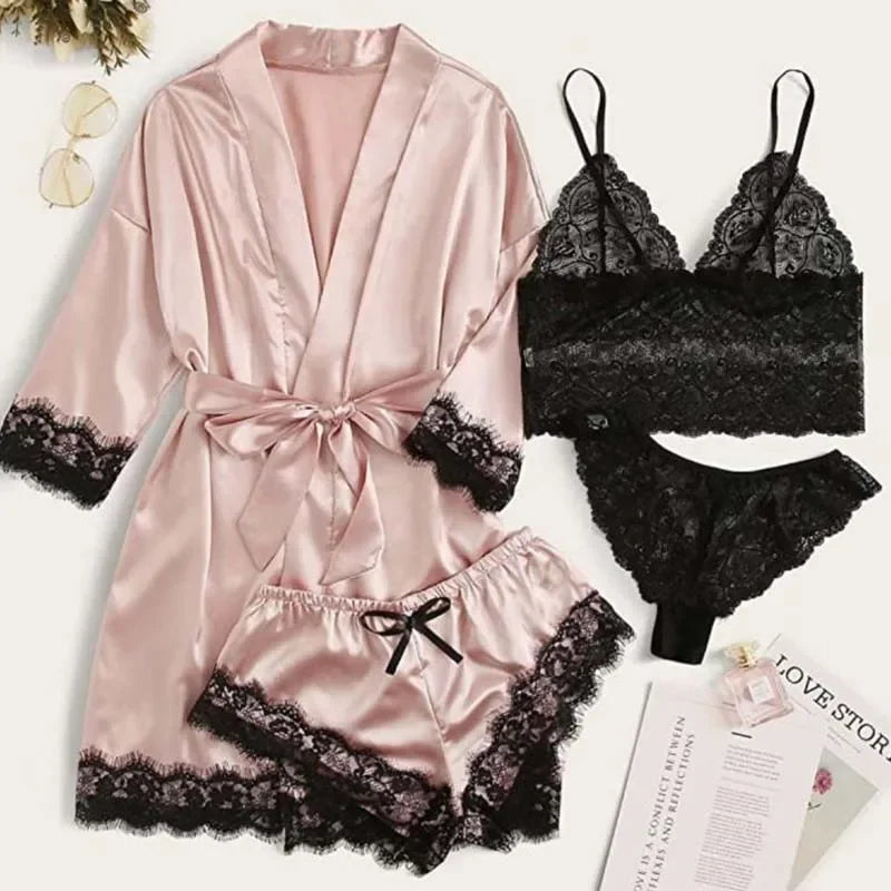 4 Pieces Woman Sleepwear Pajamas Ser With Robe Sexy Lace Lingerie Bathrobe Silk Satin Home Clothed Nightwear Robe - Lizard Vigilante