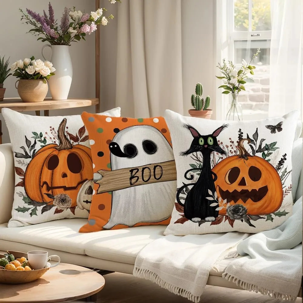 Halloween Pillowcases: Cat, Ghost, and Pumpkin Themed Decor! Sofa cushion cover, holiday party decoration, gift