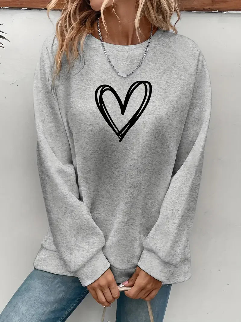 Heart Print Casual Pullover Sweatshirt for Women – Cozy Crew Neck, Fall & Spring Essential - Premium sweatshirt from Lizard Vigilante - Just $38.88! Shop now at Lizard Vigilante