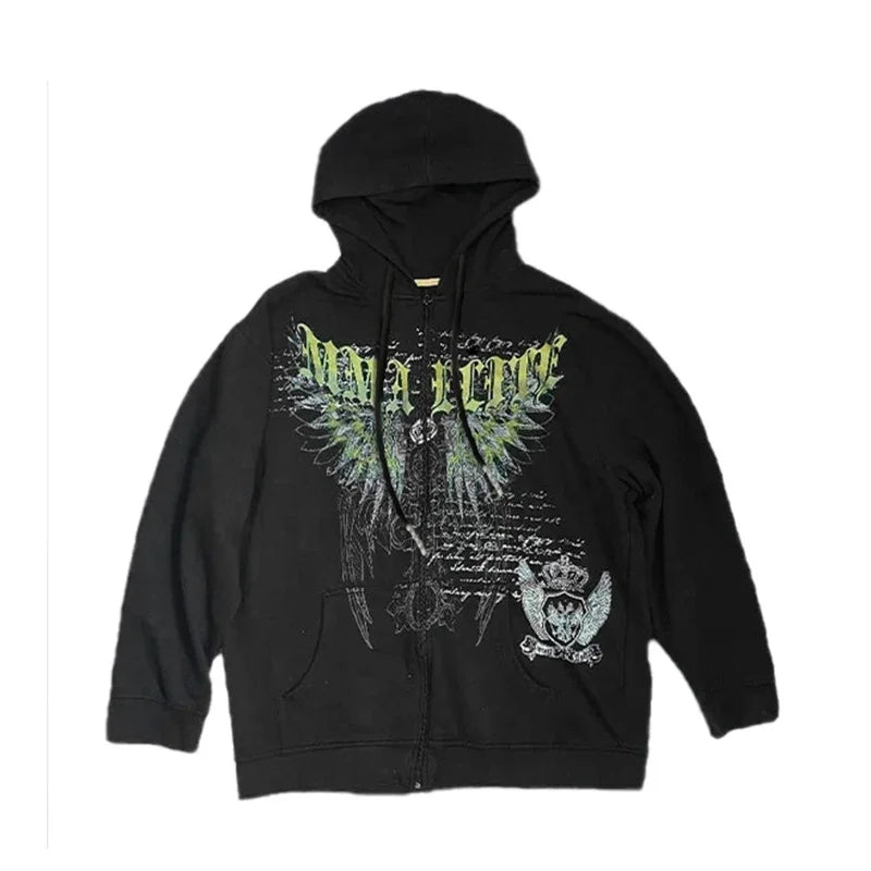 Gothic Embroidery Zip-Up Hoodie – Y2K Harajuku-Inspired Oversized Sweatshirt for Women – Streetwear Casual Autumn & Winter Jacket - Premium tee from Lizard Vigilante - Just $46.99! Shop now at Lizard Vigilante