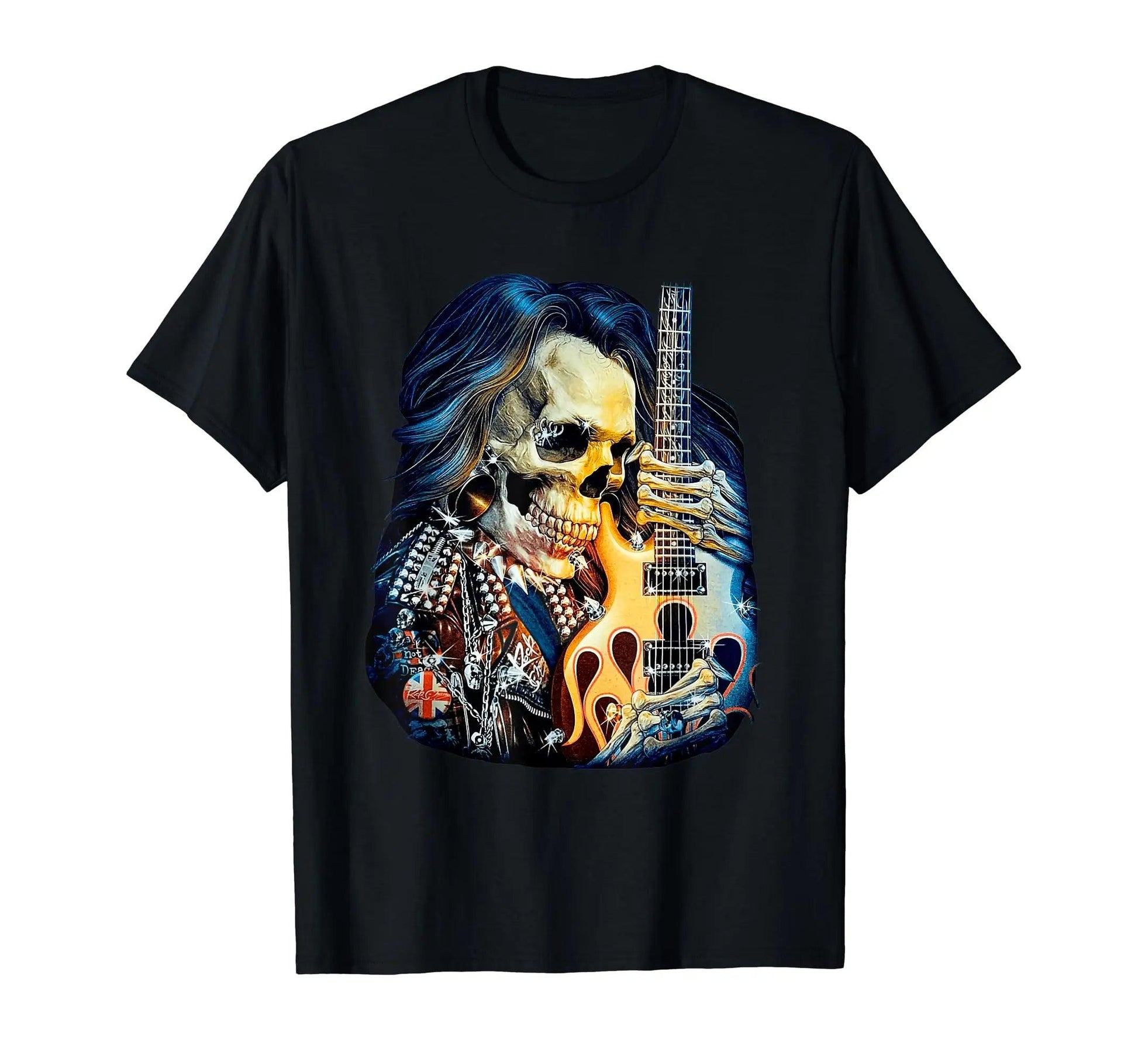 Rock On Guitar Neck With A Sweet Rock & Roll Skeleton Skull T-Shirt - Lizard Vigilante