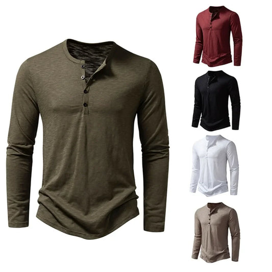 Autumn New Men's Cotton Button Long Sleeve  Henley Neck T-Shirt Casual Solid Color Breathable Versatile Fashion Slim T-Shirts - Premium  from Lizard Vigilante - Just $24.99! Shop now at Lizard Vigilante
