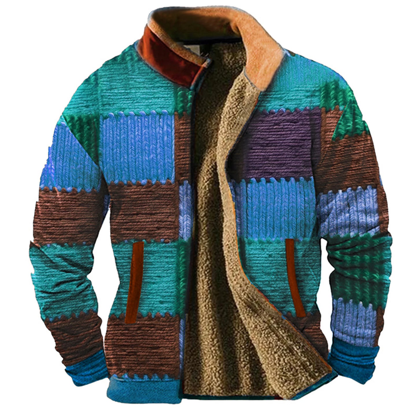 Men’s Graphic Patchwork Fleece Zip Sweatshirt – Casual Brown Stand Collar Outerwear for Winter Vacations - Premium sweater from Lizard Vigilante - Just $48.88! Shop now at Lizard Vigilante