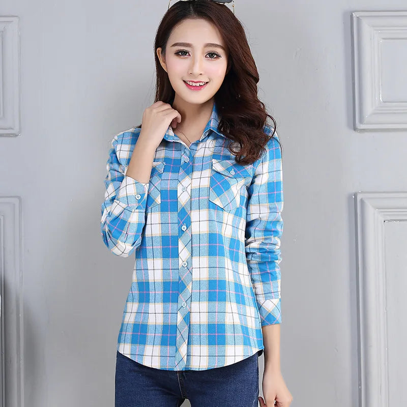 Women’s Cotton Flannel Plaid Shirt – College Style Long Sleeve Blouse with Pockets – Timeless Casual Elegance - Premium shirt from Lizard Vigilante - Just $38.88! Shop now at Lizard Vigilante