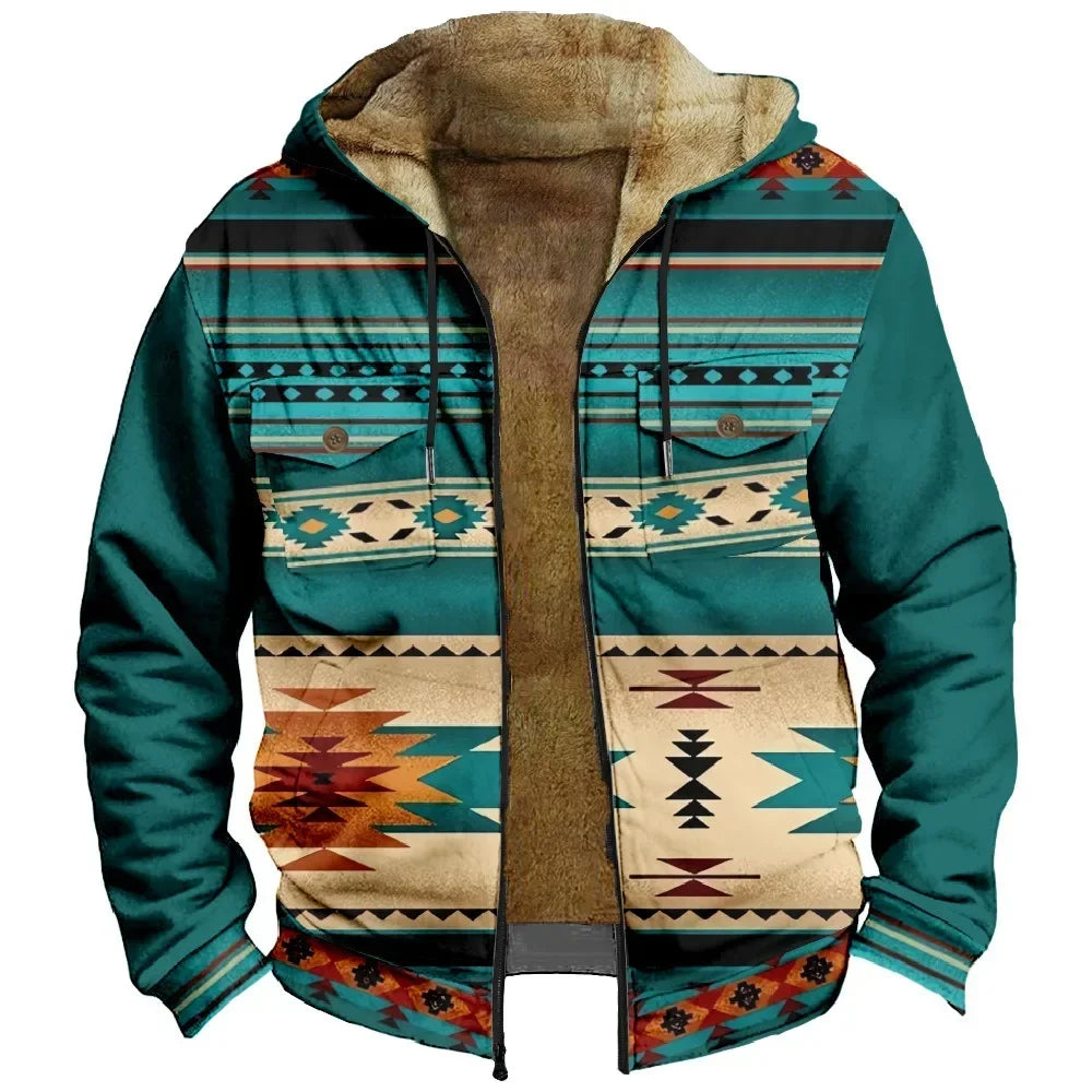 Retro Aztec Geometric Winter Jacket – Men's Plush Thick Streetwear Hunting Coat with Art Graphics & Fleece Lining - Premium jacket from Lizard Vigilante - Just $56.66! Shop now at Lizard Vigilante