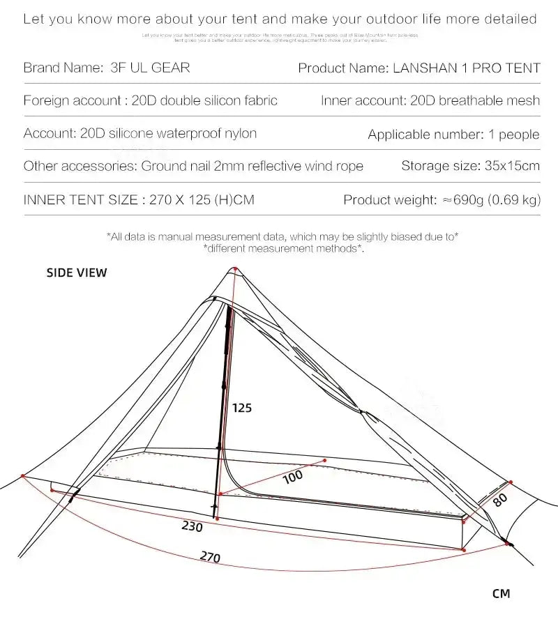 [HODR] 3F UL GEAR Lanshan 1 pro Tipi Tent Rodless Solo Ultralight 690g 20D Nylon Fabric Camping Season Tent Trekking Tents