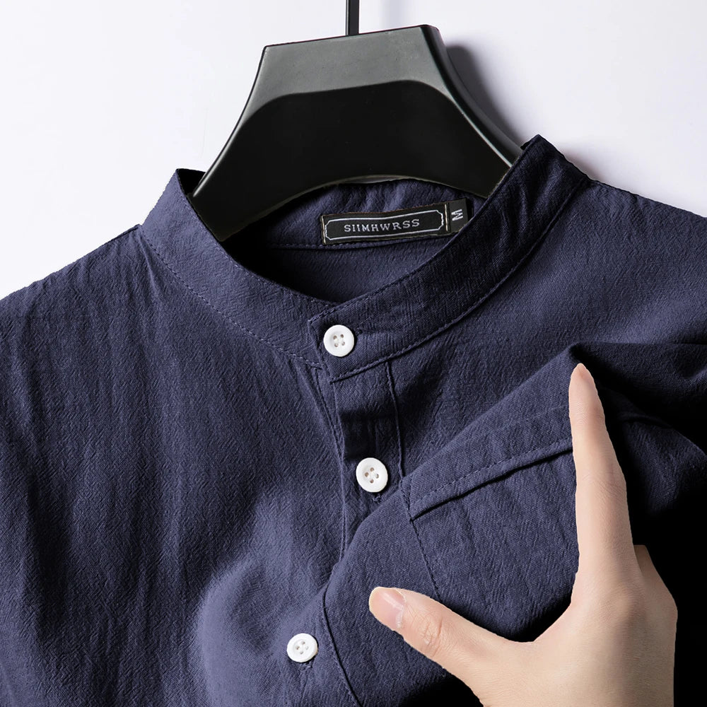 Summer Men's Stand Up Collar T Shirts Solid Color Short Sleeve Linen Shirt Trendy Breathable Loose Lightweight Basic Pocket Top - Premium  from Lizard Vigilante - Just $52.99! Shop now at Lizard Vigilante