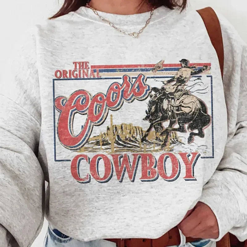 Autumn Vintage Style Cowboy Printing Crewneck Bodycon Sweatshirt Unisex Loose Cotton Thick Warm Women Pullovers Casual Western Tops - Premium tops from Lizard Vigilante - Just $47.99! Shop now at Lizard Vigilante