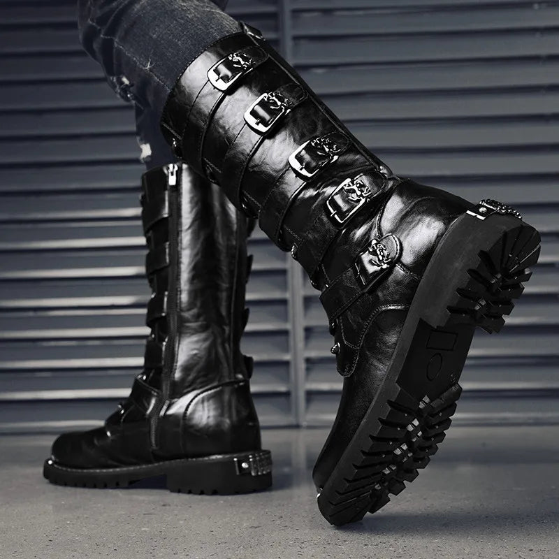 DEADFUEL BLACKOUT: Men’s Mid-Calf Leather Motorcycle Boots with Zip Buckle – Streetwear Punk Cowboy Tool Boots for Winter Chaos - Premium boots from dsers - Just $135.99! Shop now at Lizard Vigilante