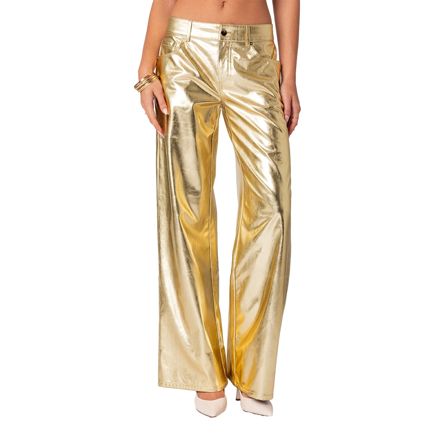 Women s Metallic Jeans Loose Low Waist Button Straight Leg Long Length Gold Trousers Glitter Pants with Front Pockets - Premium  from Lizard Vigilante - Just $38.99! Shop now at Lizard Vigilante