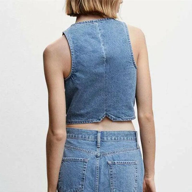 Women's Denim Vest Sleeveless Crop Tops Button Denim Gilet Jacket Casual V Neck Jean Waistcoat Streetwear - Lizard Vigilante