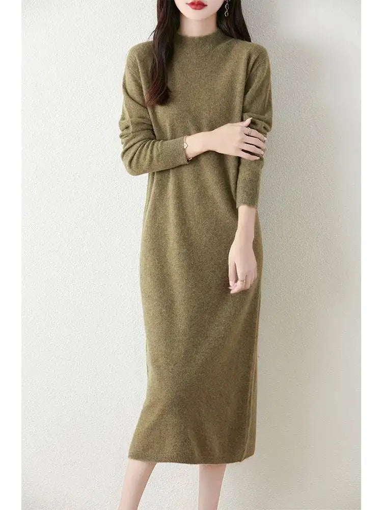 Autumn Winter Women's Wool Long Dress Cashmere Mock Neck Pullover Sweater 100% Merino Wool Soft Knitwear OL Simple Basic Dress