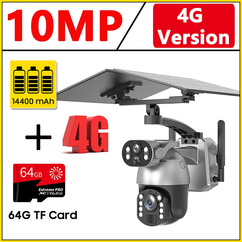 10MP 50x Zoom Dual Lens 4G SIM Solar Camera WIFI Outdoor Surveillance PTZ Human Detection Recording Security Night Vision Camera