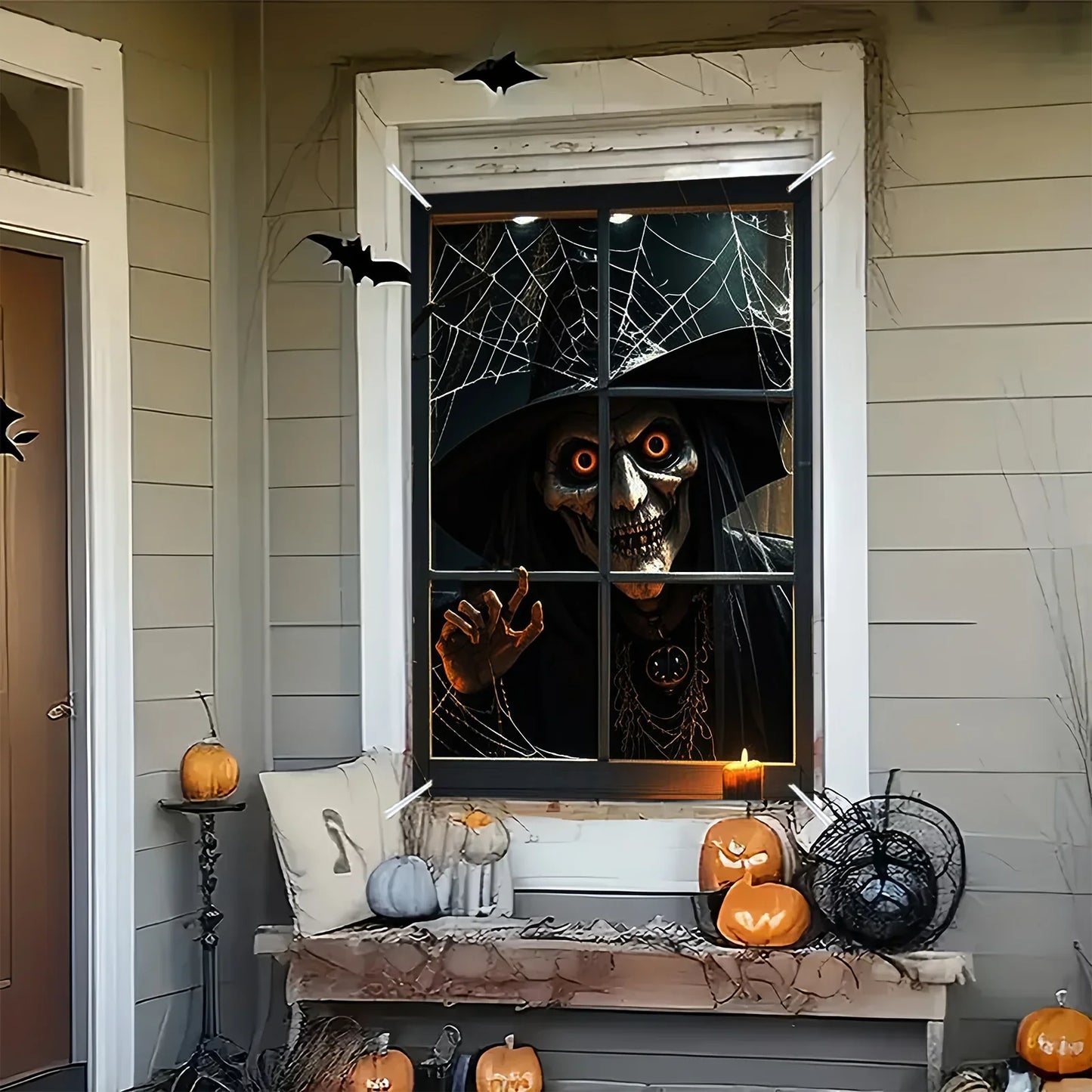 Halloween decoration, 1 piece, polyester material window banner with terrifying and fantastical patterns, evil witch theme