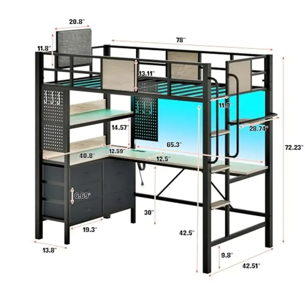 Twin Loft Bed with L-Shaped Desk Charging Station Storage Shelves LED Lights Music Sync Safe Guardrail & Wooden Ladder - Premium  from Lizard Vigilante - Just $434.99! Shop now at Lizard Vigilante