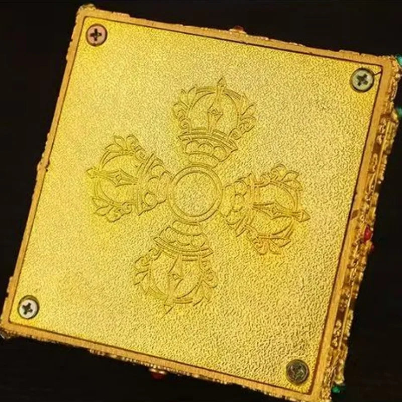 Buddha Statue Pagoda,Engraving Inlaid Gem Tibetan Alloy Double-Layer Tower,Altars Stupa,Buddhist Item Religious Decorative