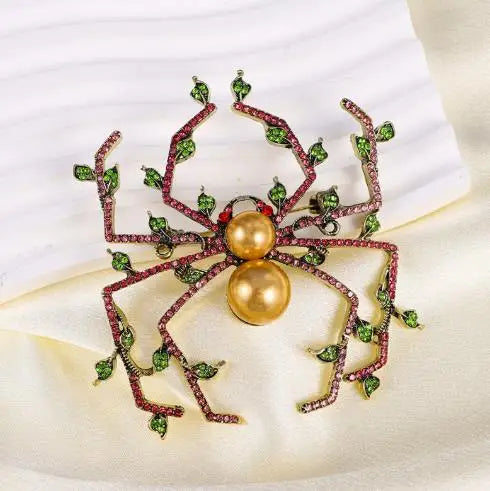 Venom Stage Spider Brooch – Giant Crystal Punk Insect Pin with Pearl Shockwave
