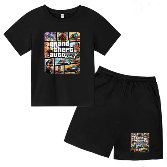 Grand Theft Auto GTA 5 Children's Short Sleeve Set - Boys & Girls Round Neck T-Shirt + Shorts, Casual Summer Cotton Clothing - Premium shirt from Lizard Vigilante - Just $25.88! Shop now at Lizard Vigilante