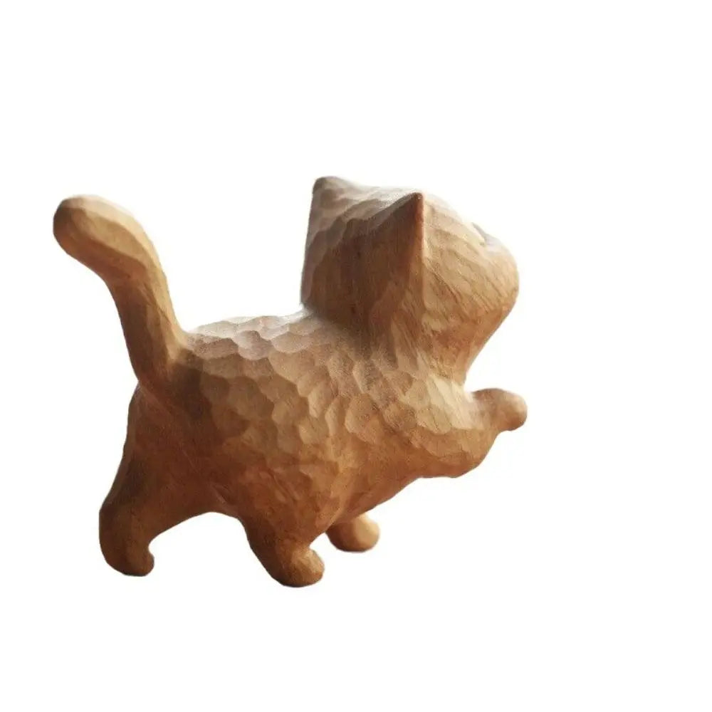 Cat Ornament Hand-carved Wooden Cat Statue Tiny Cute Cat Sculpture Miniature Creative Animal Figurine Desktop