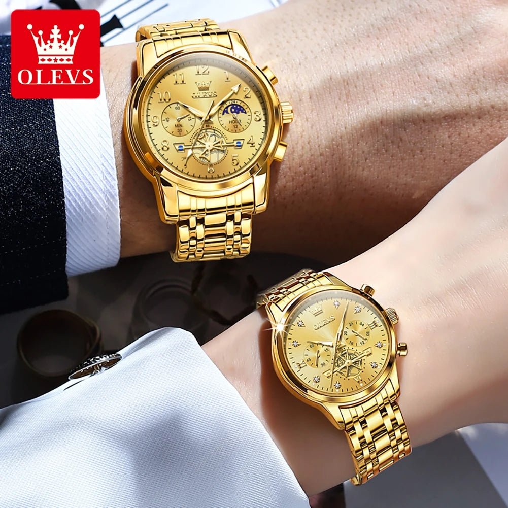 OLEVS New Flywheel Design Luxury Couple Watch Waterproof Moon Phase Chronograph Brand Original Quartz Wrist Watch for Men Women - Premium  from Lizard Vigilante - Just $50.99! Shop now at Lizard Vigilante