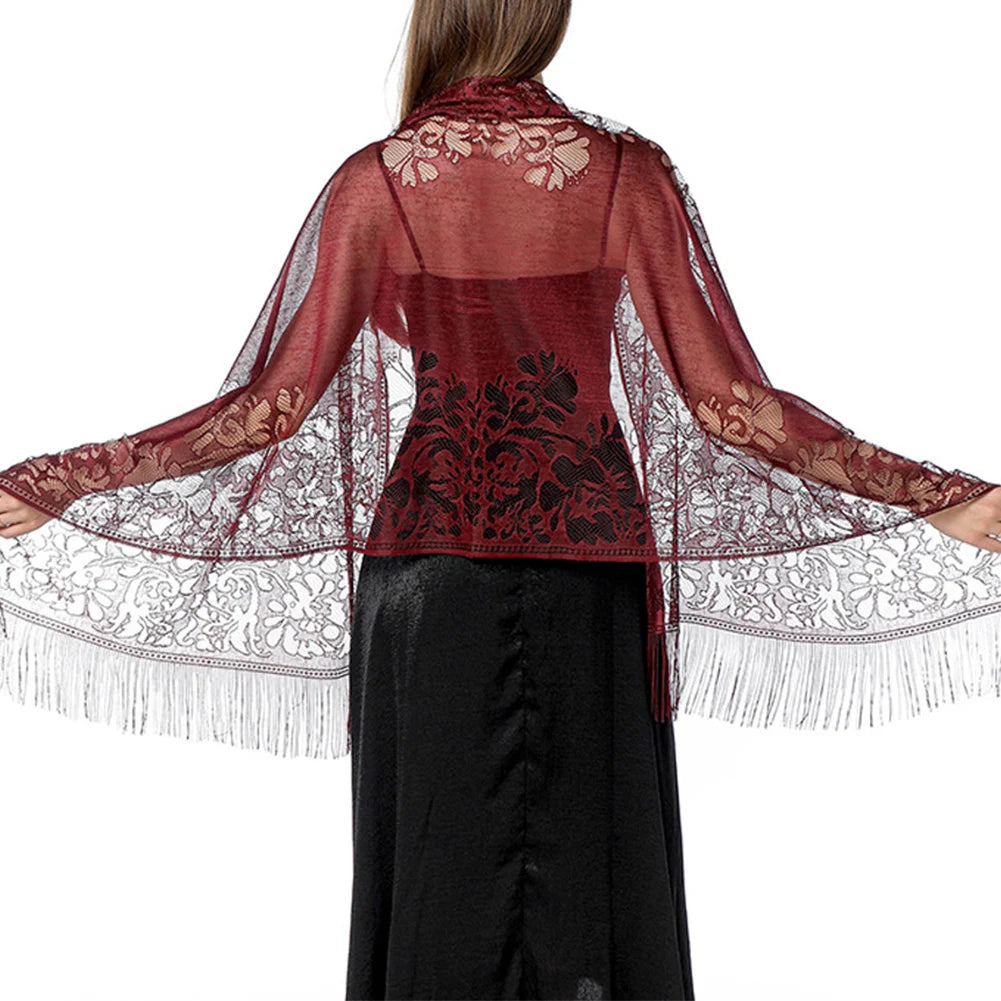 Fashion Women's Lace Sheer Tassels Evening Dress Shawl Hollow Bridal Bridesmaid Boleros Wraps Mesh Wedding Capes Party Shawls - Premium  from Lizard Vigilante - Just $24.99! Shop now at Lizard Vigilante