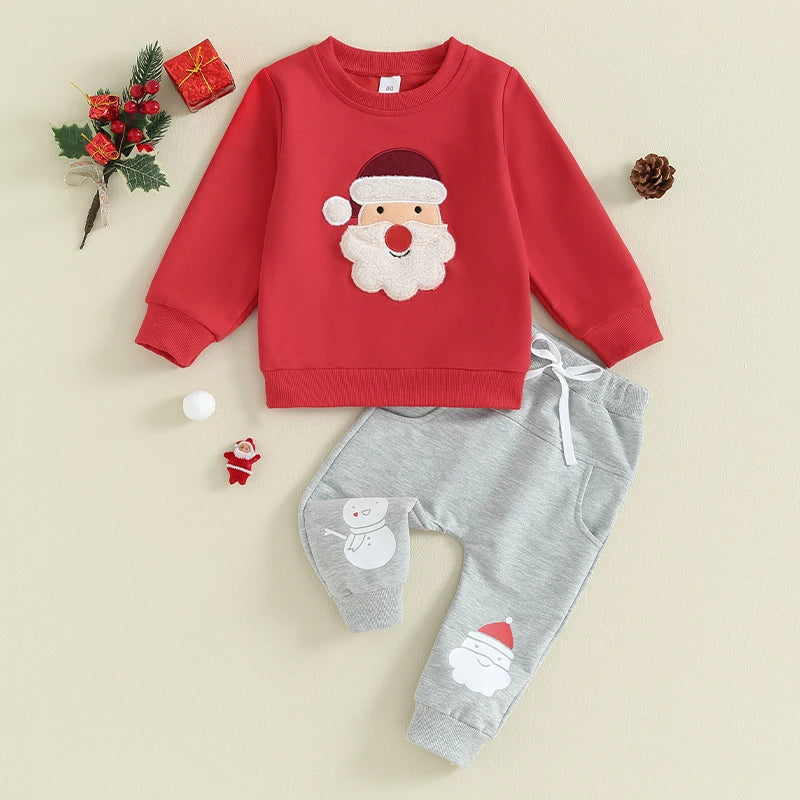 Toddler Boys Christmas Outfit – Santa/Elk Fuzzy Embroidery Long Sleeve Sweatshirt & Pants Set - Premium  from Lizard Vigilante - Just $24.88! Shop now at Lizard Vigilante