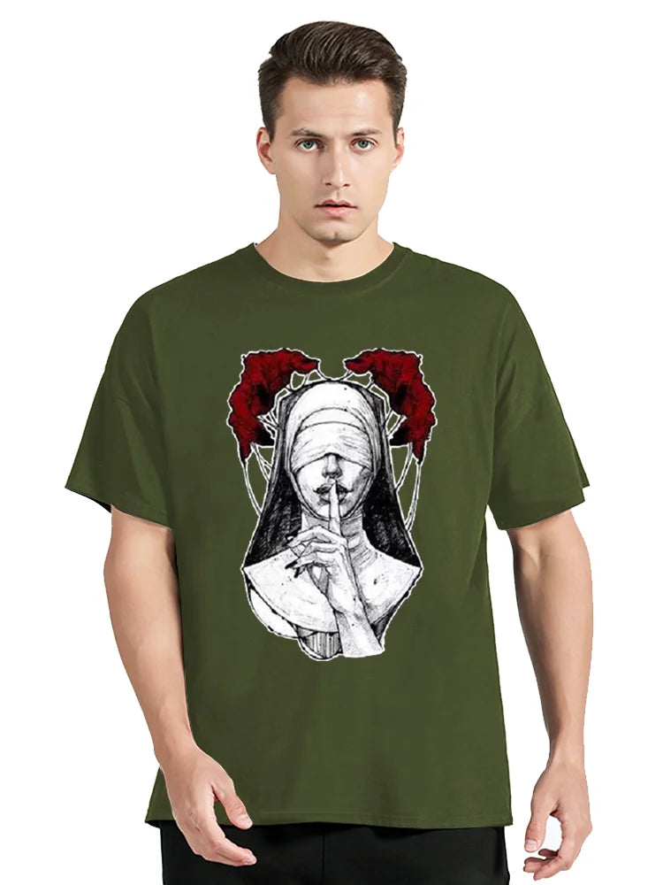 Nun Tee Tattoos Unholy Satanic T-shirt Summer Comfort Funny Tee Print Cotton Unisex Clothing Oversized Top - Lizard Vigilante