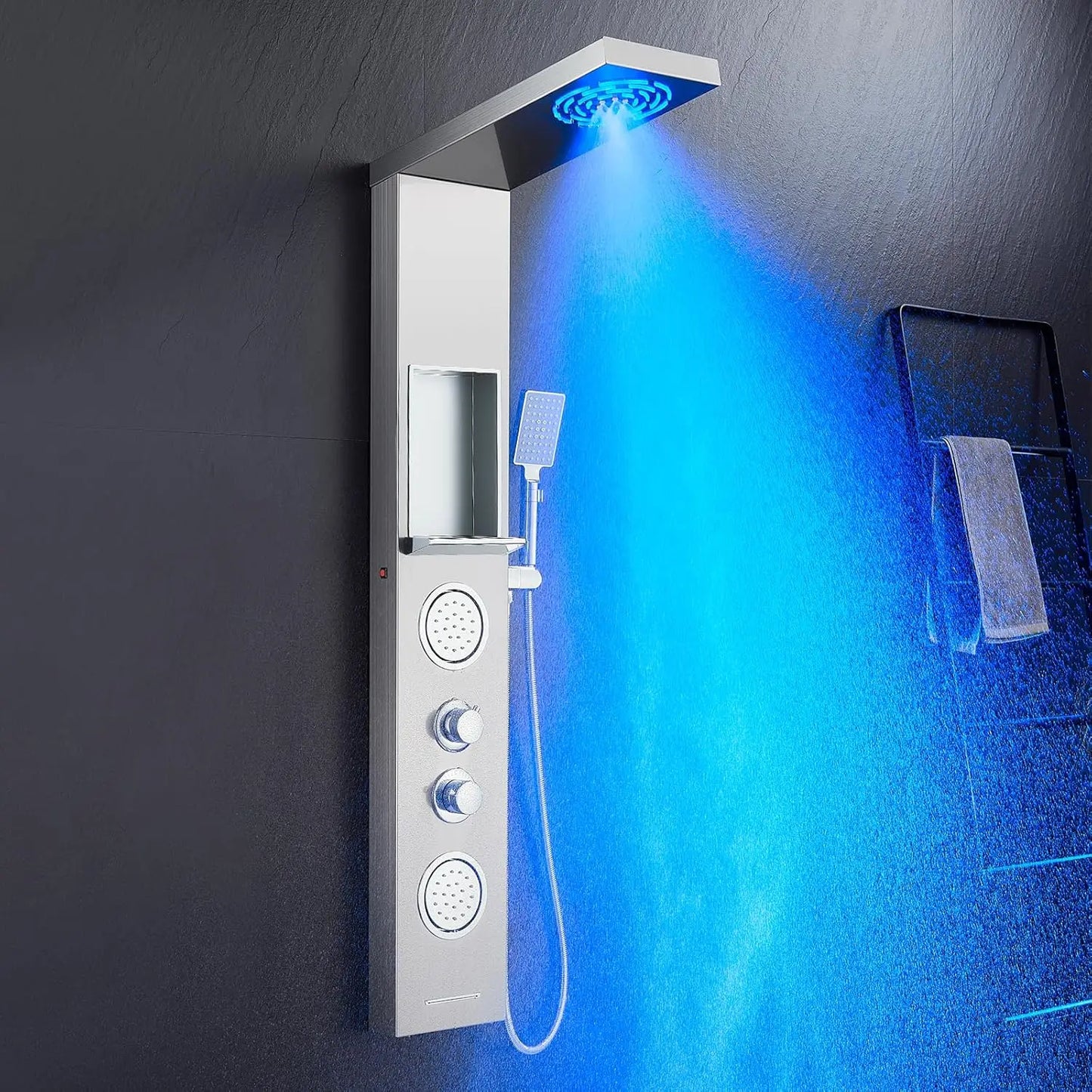 POPFLY LED Shower Panel with Shelf – Black 304 Stainless Steel, Multi-function Mist & Rainfall Shower System with Body Jets and Tub Spout - Premium shower panel from Lizard Vigilante - Just $146.99! Shop now at Lizard Vigilante