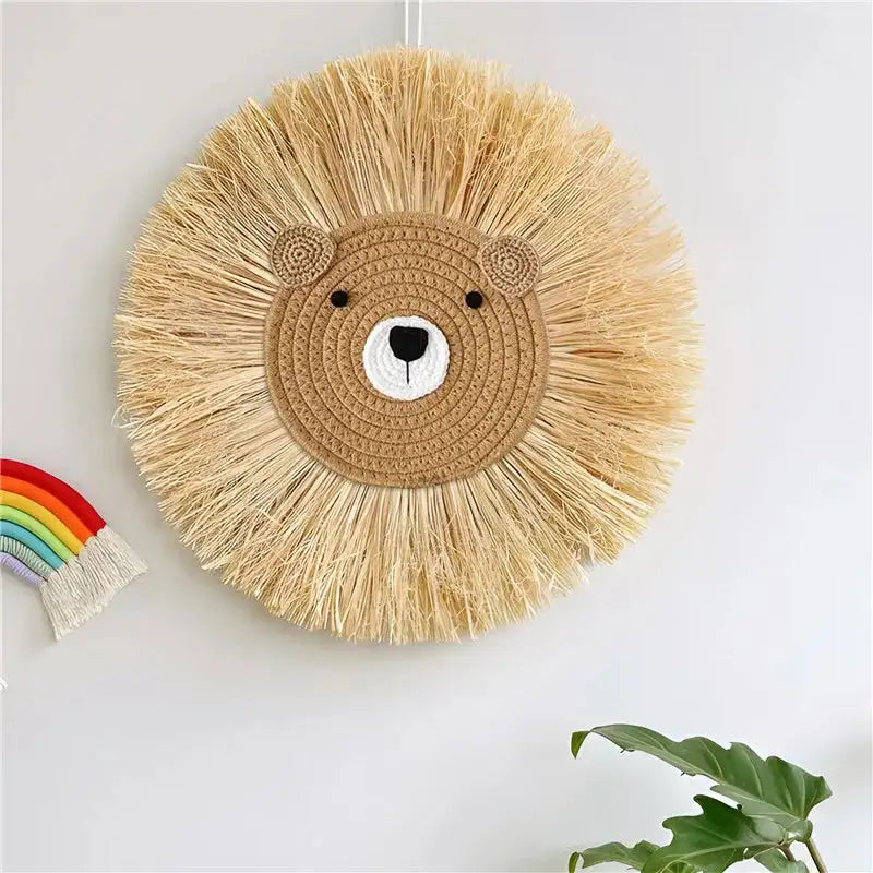 Nordic Hand Woven Lion Wall Hanging Ornaments Cartoon Animal Head Straw Weaving Children Room Wall Decor Tent Party Decoration