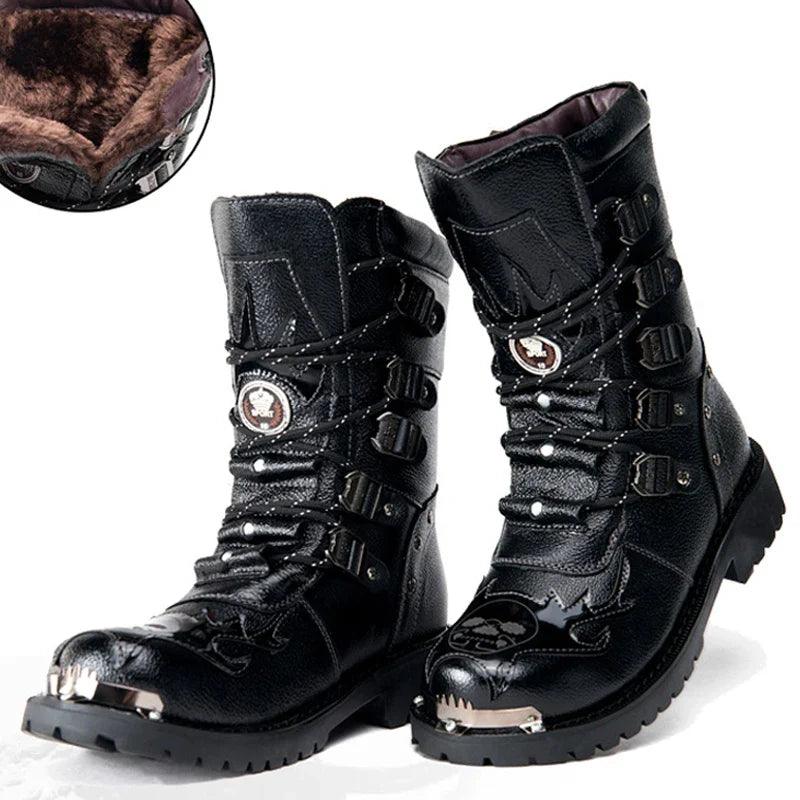 Winter Men Motorcycle Boots New Fashion Mid-Calf Punk Rock Punk Shoes Mens Genuine Leather Black High Top Mens Casual Boot 38-46 - Lizard Vigilante