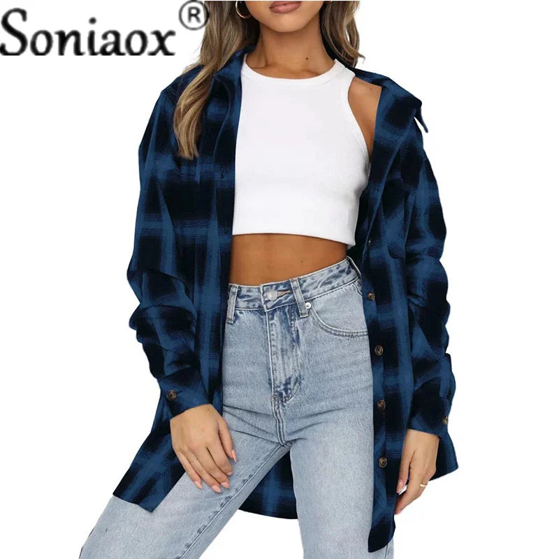 Women’s Flannel Plaid Shirt – Loose Fit Button-Up Casual Long Sleeve Blouse - Premium shirt from Lizard Vigilante - Just $42.88! Shop now at Lizard Vigilante